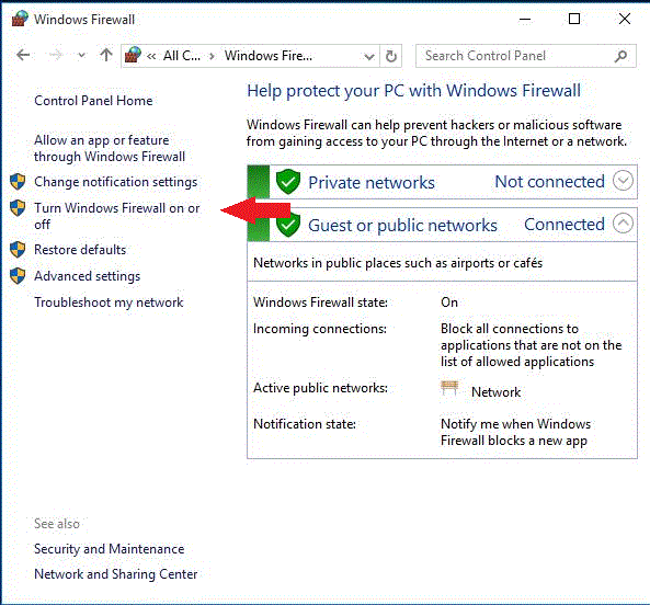 entering the windows firewall on or off menu