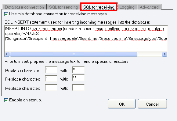 the sql for receiving tab