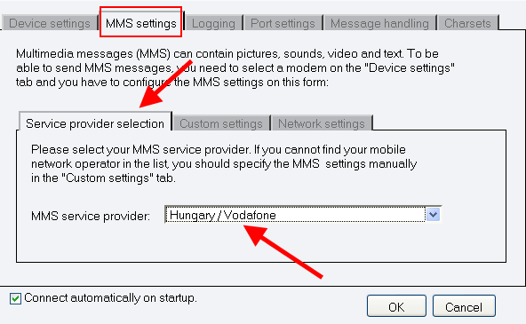 service provider selection tab on the mms settings tab