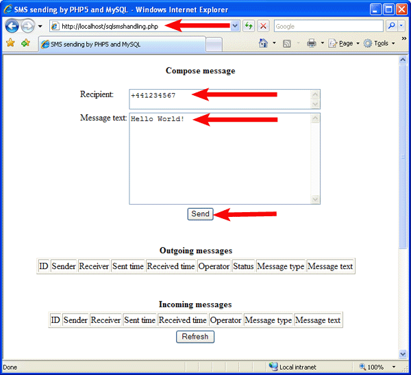 fill in the recipient and message text boxes in the sqlsmshandling.php form