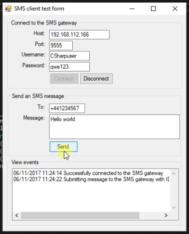 send a test message from csharp gui of the smsdemo project