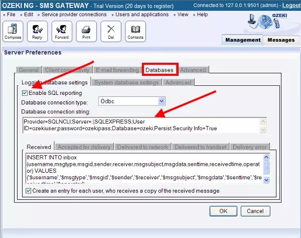 enable sql logging in the sms gateway