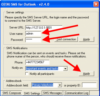 the preference settings in outlook sms