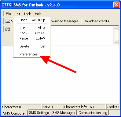 preferences menu in outlook sms
