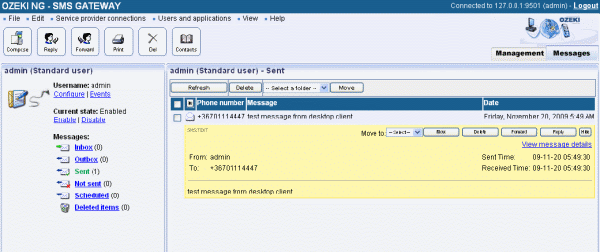 sent messages in the sms client