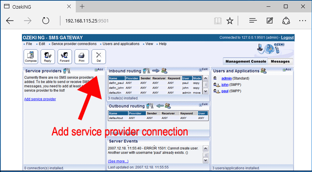 click add to start the service provider connection installation procedure