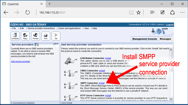 install an smpp service provider connection