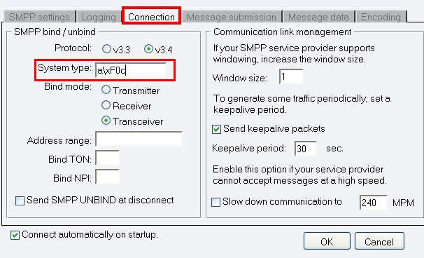 special characters in the smpp system type field