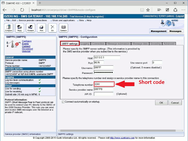 configure an sms short code in ozeki ng sms gateway