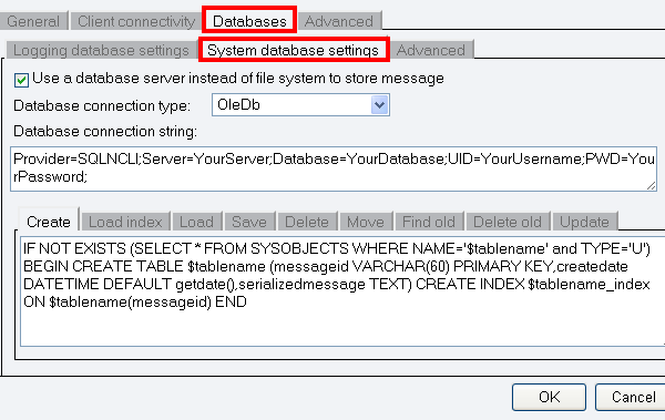 system database setting window