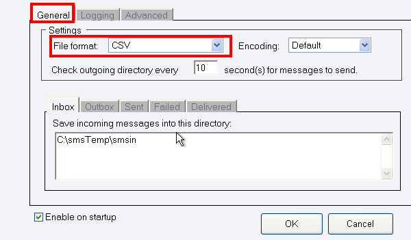 setting the file format to csv in the excel sms client