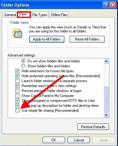 disable use simple file sharing