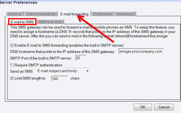 email to sms tab