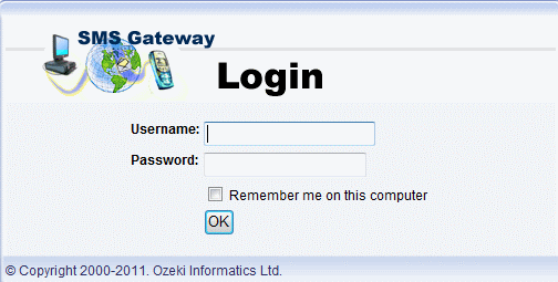 login windows of the ozeki ng sms gateway