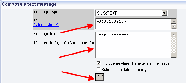 compose a test message in ozeki ng sms gateway