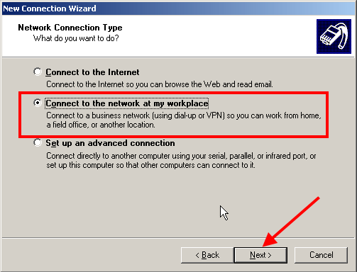 select the connect to the network at my workplace option