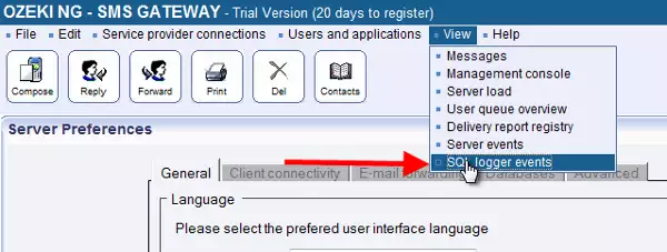 sql logger events tab in sms gateway