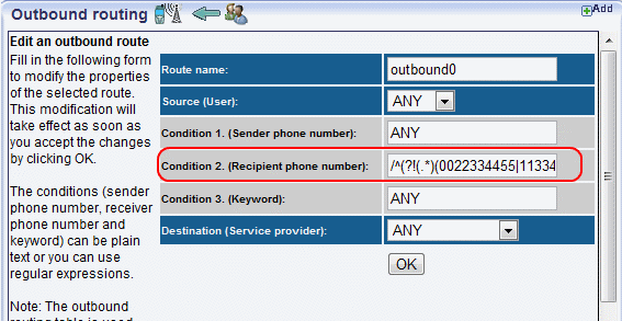 setting regular expression in the recipient phone number