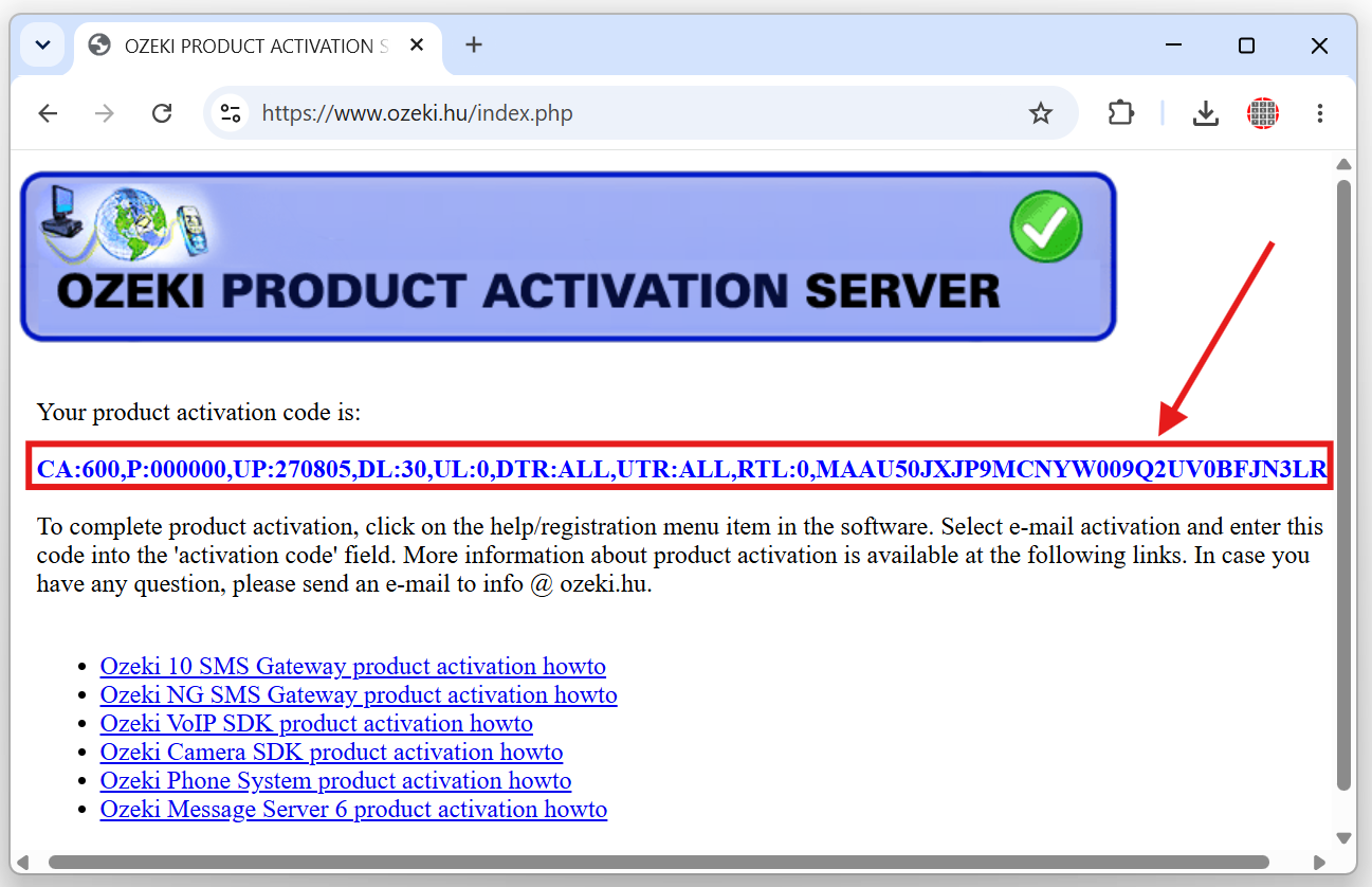 copy the ozeki ng sms server sotware activation code