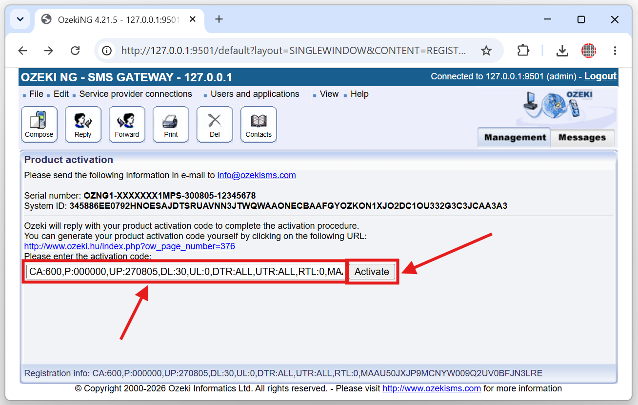 insert the ozeki ng on premise sms server sotware activation code
