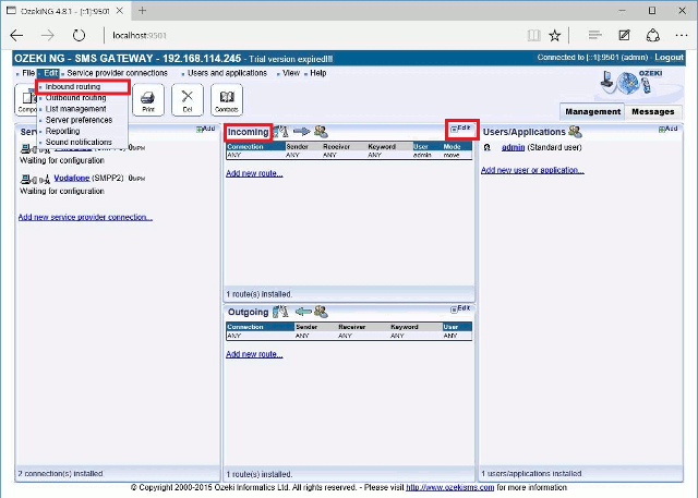 opening the rouing editor panel in sms gateway