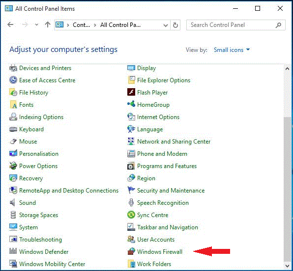 opening the windows firewall menu
