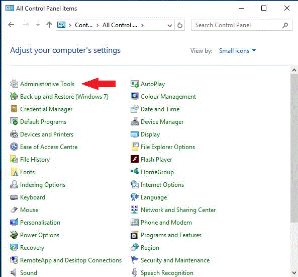 opening the administrative tools menu