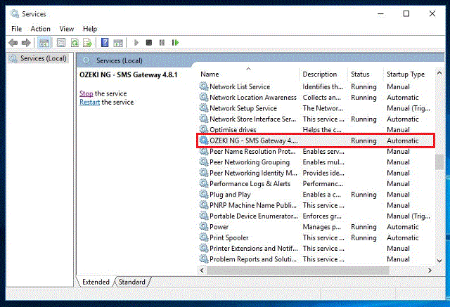 the ozeki ng sms gateway program is running
