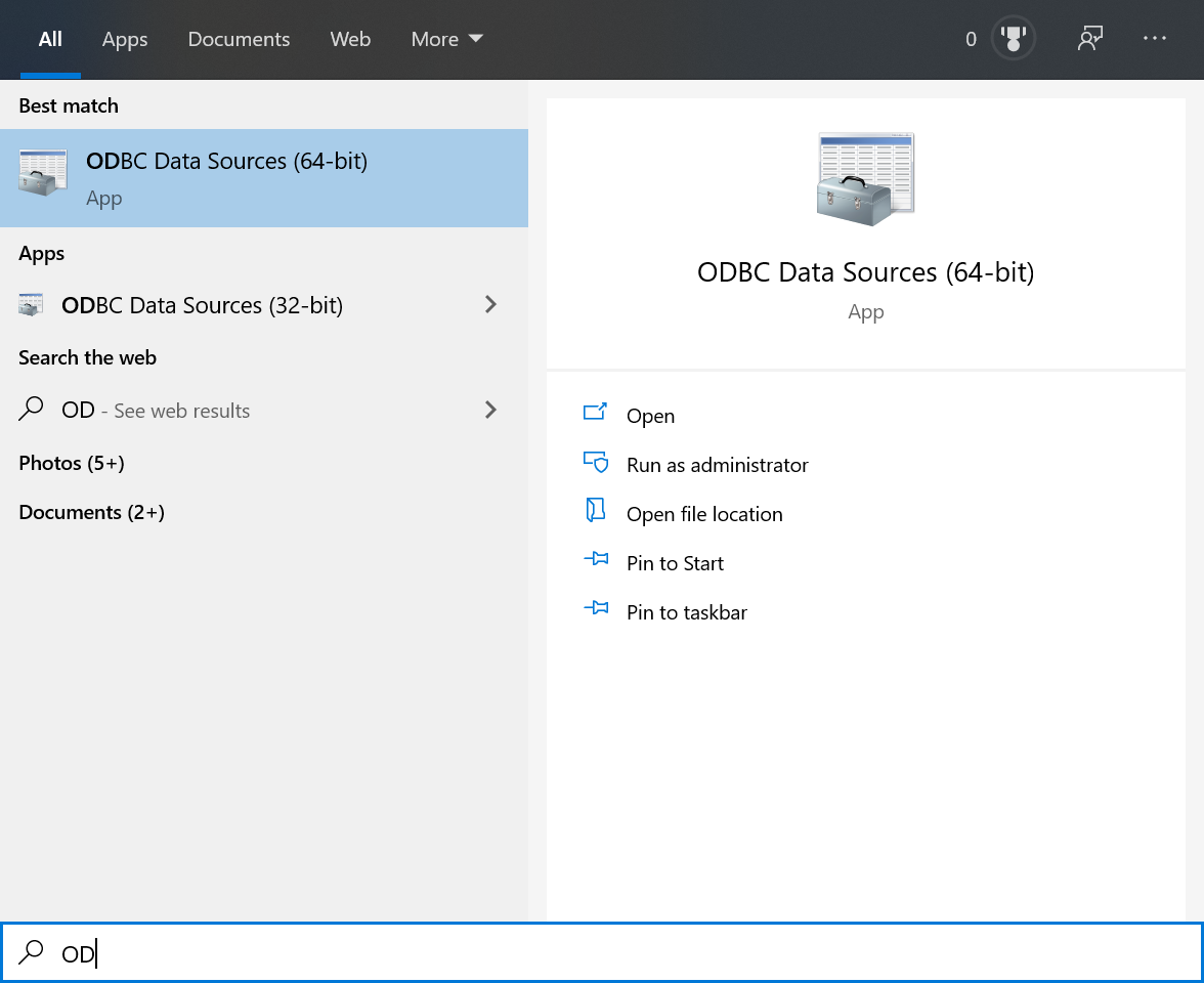 opening the odbc data source administration panel