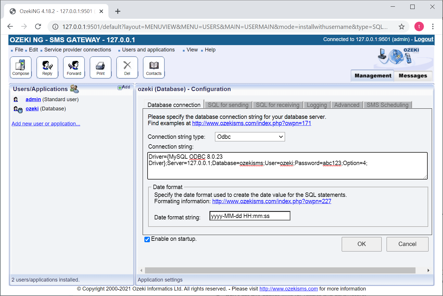 specifying the connection string for the mysql database