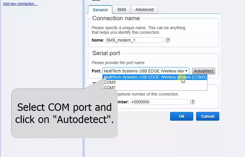 autodetect the port where you connected the modem