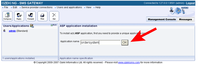 how to set the asp sms application name