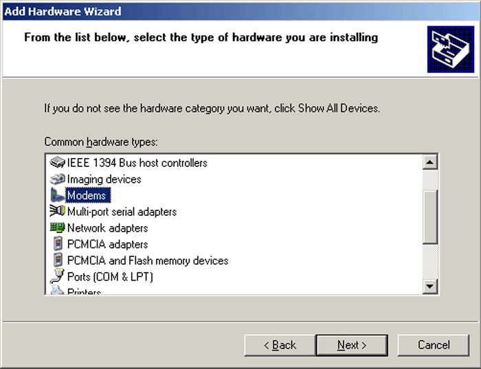 select the modem options