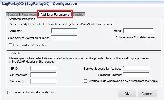 additional parameters tab  of the sag parlayx soap/xml connections