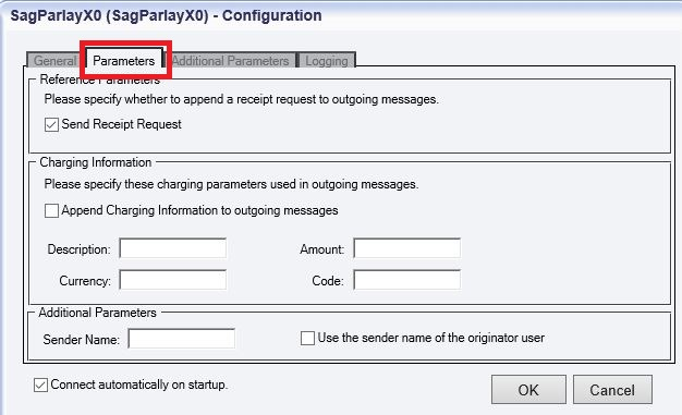 parameters tab of the sag parlayx Ssoap/xml connection