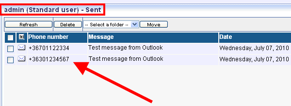 sent messages in sms gateway using outlook