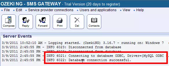 database connected successfuly in sms gateway