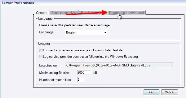 the database tab in sms gateway