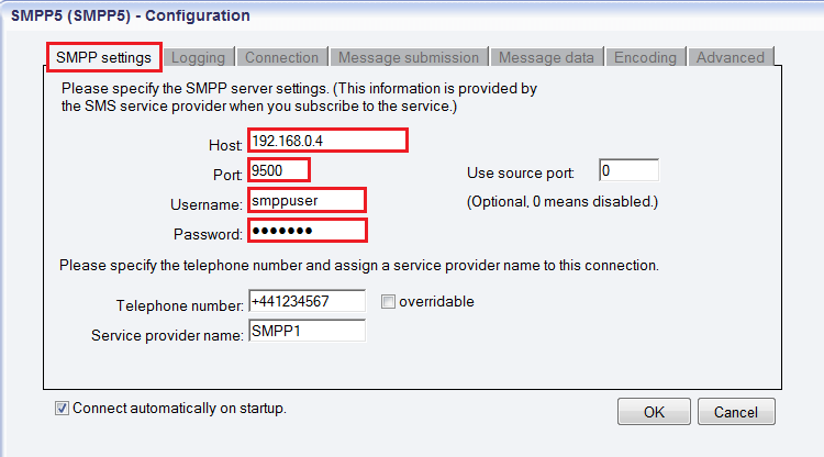 SMPP connection setup