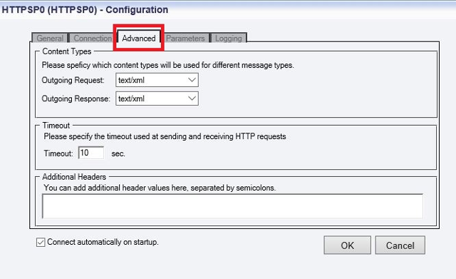 advanced tab of the http service provider connection