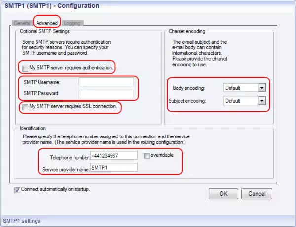 smtp email to sms connection advanced settings